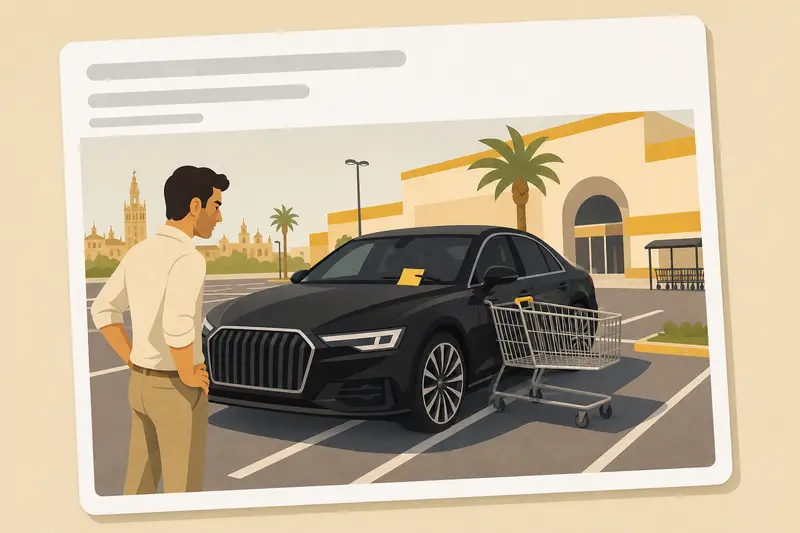 Cover illustration for AITJ for parking my new luxury car across two spaces at the supermarket?, B2 Spanish story