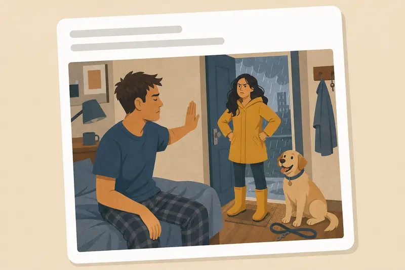 Cover illustration for AITJ for refusing to walk the dog because it was raining and telling my wife it was her turn?, B1 Spanish story