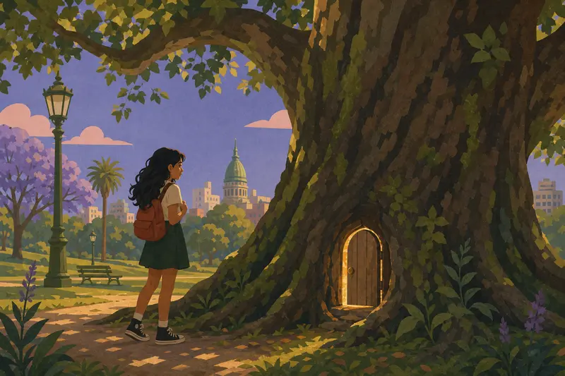 Cover illustration for The Door in the Old Tree, A0 Spanish story