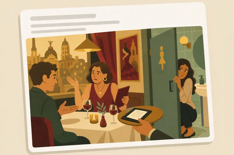 Cover illustration for AITJ for hiding in the bathroom so my date would pay the restaurant bill?, A1 Spanish story