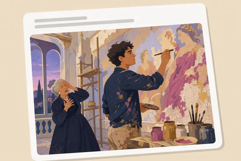 Cover illustration for AITJ for 'restoring' a classic 19th-century fresco in our family villa using modern artistic techniques, which resulted in my grandmother fainting and declaring me a 'vandal of cultural heritage'?, C2 Spanish story