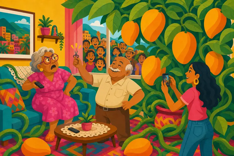 Cover illustration for Tiny Scissors, Giant Mangoes, A0 Spanish story