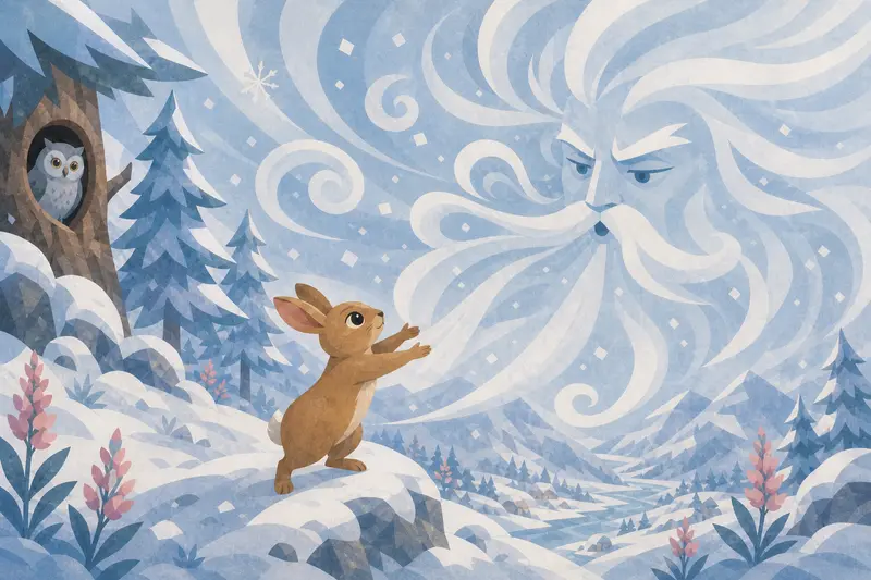 Cover illustration for A Hug for the Winter Wind, A0 Spanish story
