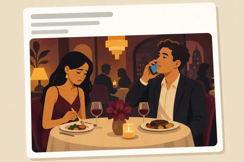 Cover illustration for AITJ for talking to my mom on the phone during a romantic dinner with my girlfriend?, A1 Spanish story