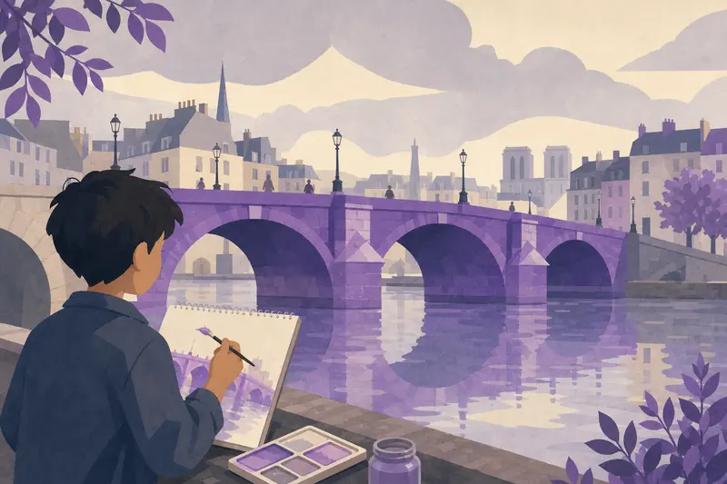 Cover illustration for The Boy Who Painted the Bridge Violet, A2 Spanish story