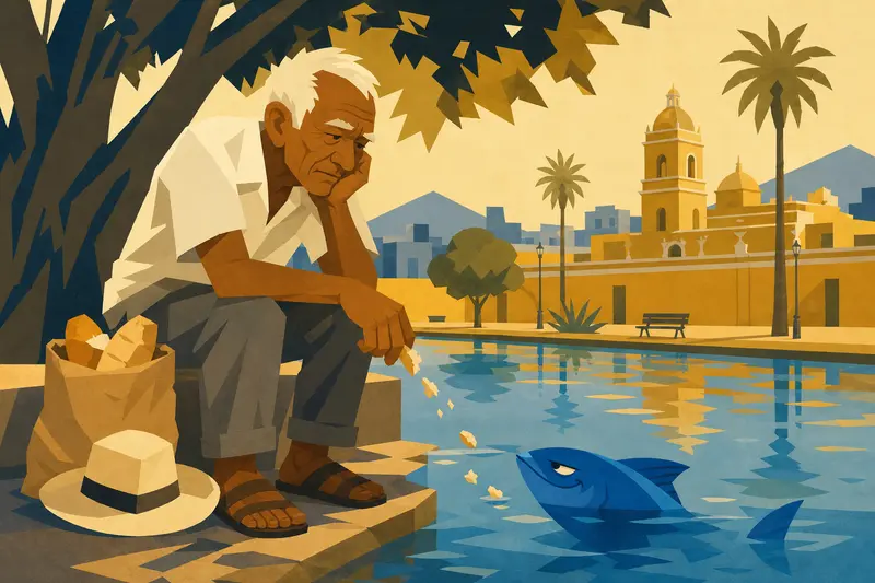 Cover illustration for The Old Man and the Blue Thief, A0 Spanish story