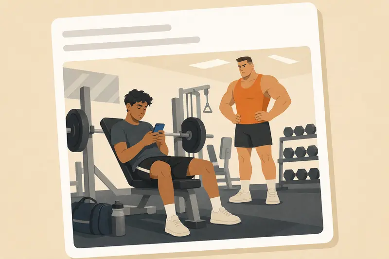 Cover illustration for AITJ for sitting on the bench press machine for 30 minutes while looking at my phone?, A2 Spanish story